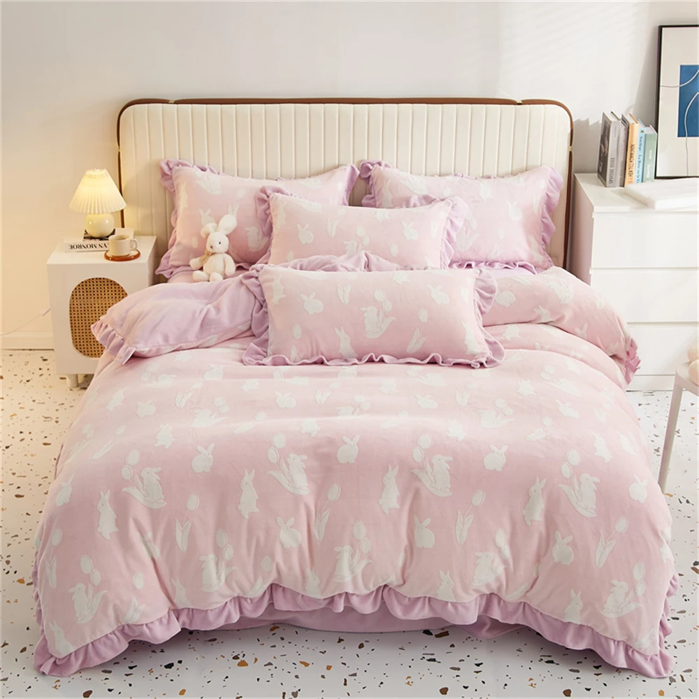 Winter Warm Bedding Set Cute Milk Velvet Thickened Soft Duvet Cover Single Double Quilt Cover Bed Sheet Pillowcase Home Textiles