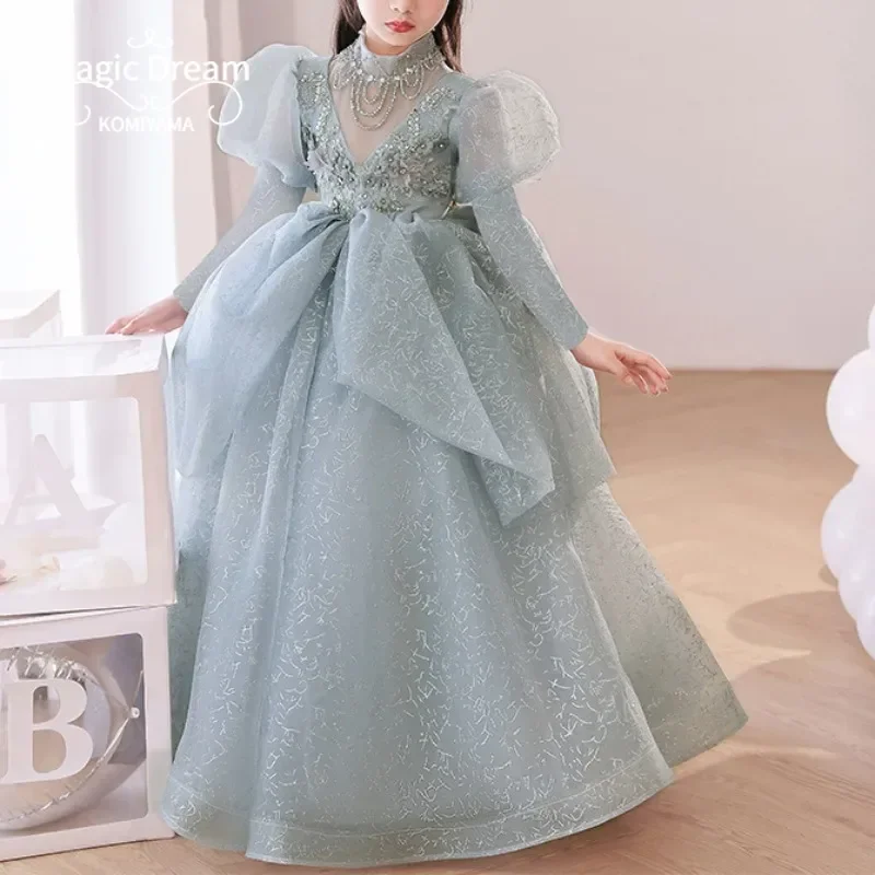 Customized Appliques Beading Design Mesh Ball Gown Princess Dress Fashion Puff Sleeve Birthday Party Vestidos Elegant Flower Gir