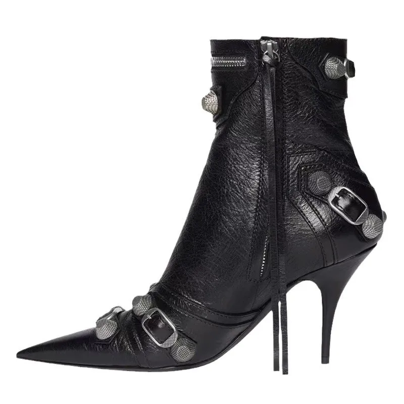 

High Thin Heeled Ankle Boots for Women Metal Decor Rivet Fringed Zip Ppinted Toed Motorcycle Lady Booties Women Shoes