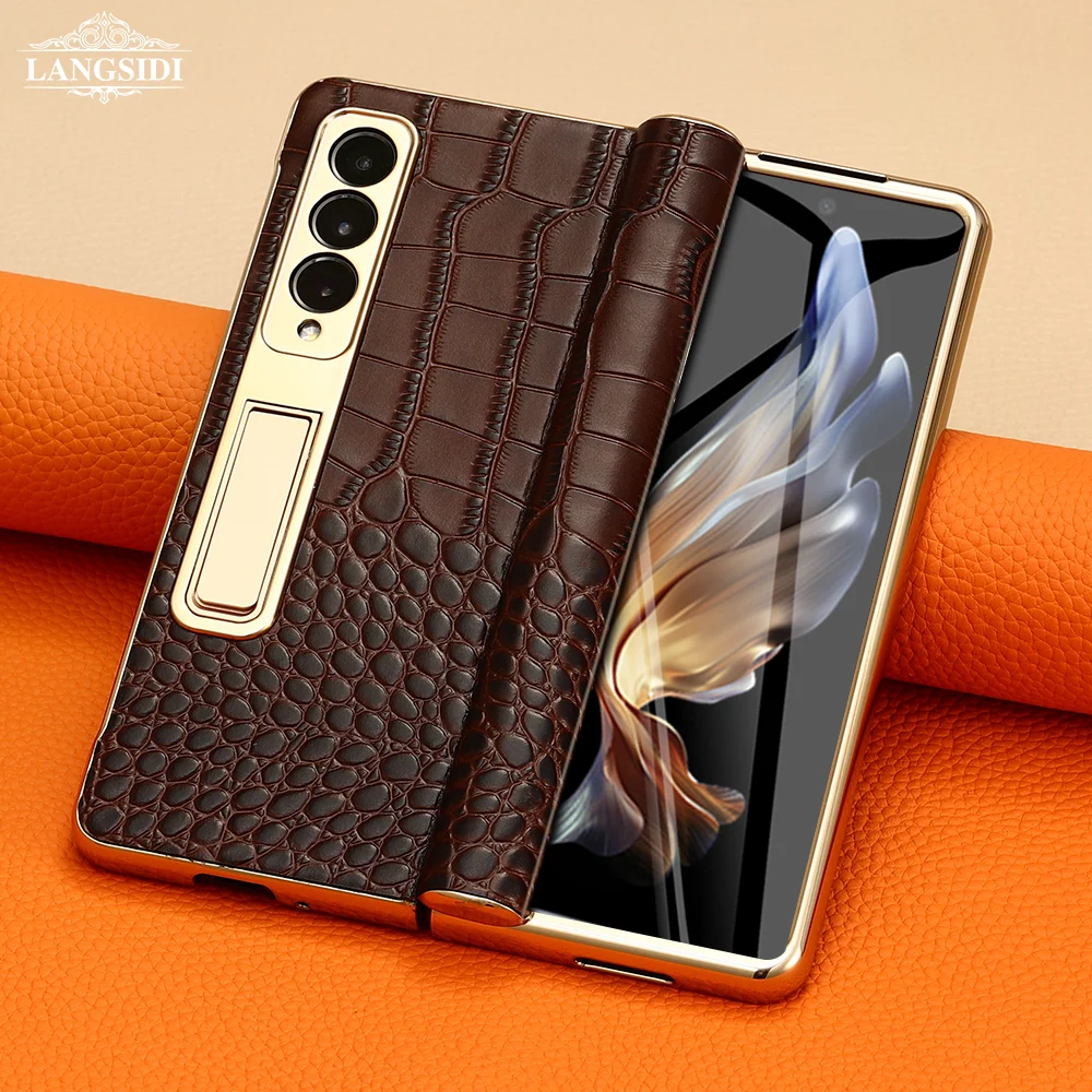 

Genuine Leather Phone Case for Samsung Galaxy Z Fold5 Fold 5 4 3 Fold4 ZFold5 ZFold3 Back Cover with Tempered Glass Mirror Film