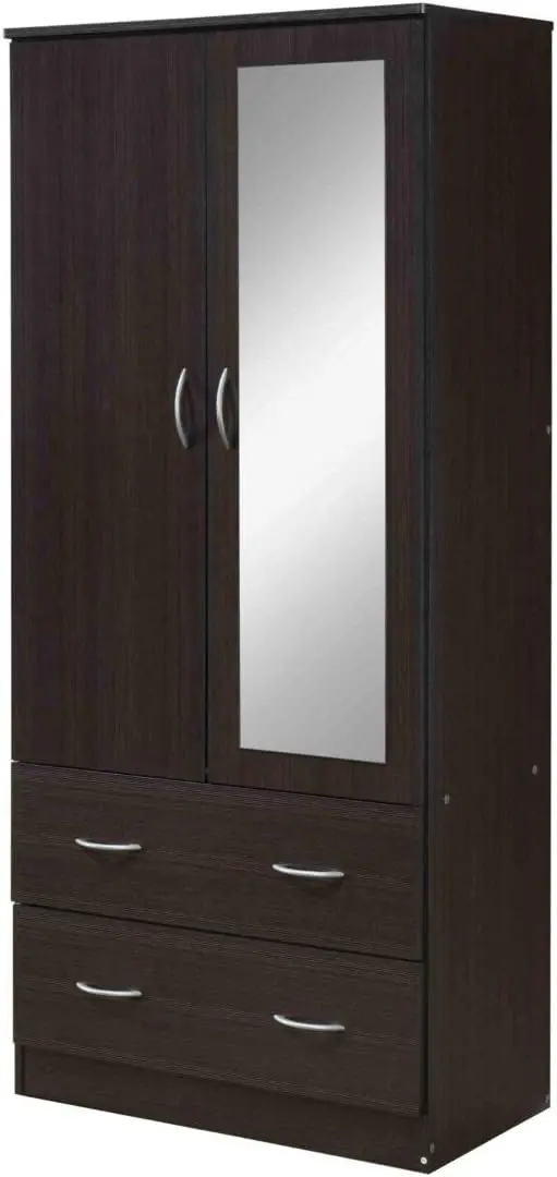 

Door Wood Wardrobe Bedroom Closet with Clothing Rod inside Cabinet, 2 Drawers for Storage and Mirror, Chocolate