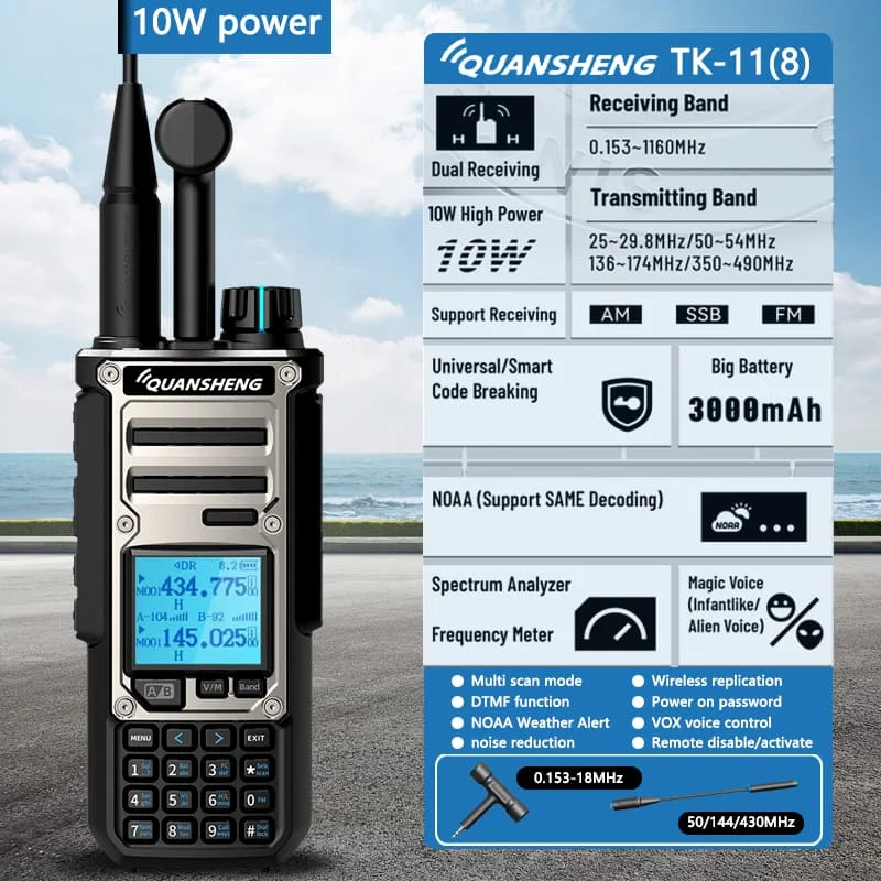

​Quansheng TK-11(8) 10W VHF/UHF Dual Band Radio 999CH CTCSS/DCS IP55 2500mAh Type-C NOAA Weather Alarm CE