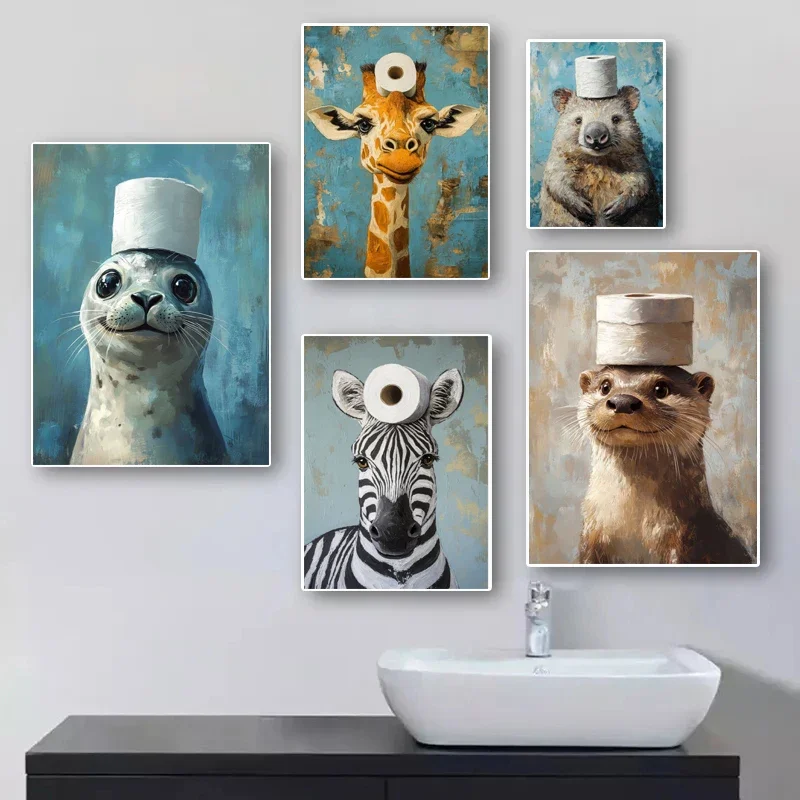 Cartoon Cute Funny Animals with Toilet Paper on Their Heads Poster Canvas Painting Prints Home Room Bathroom Art Decoration view 2