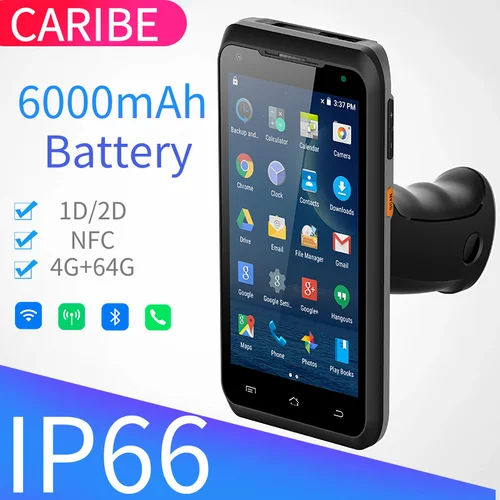 CARIBE 바코드 스캐너, 산업용 견고한 휴대용 데이터 수집 터미널, 무선 핸드헬드 안드로이드 PDA, 권총 그립 포함