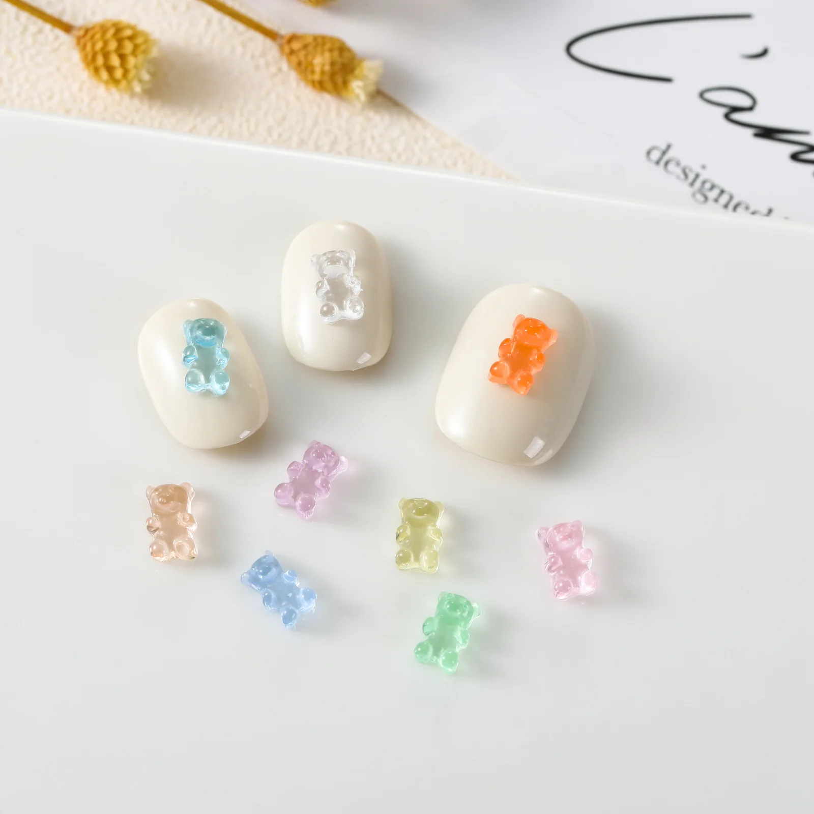 50 Pcs Hyaline Resin Bear Nail Charms Summer Mini Bears Parts Accessories Cute 3D Kawaii Rhinestones Manicure Decoration 4*7mm