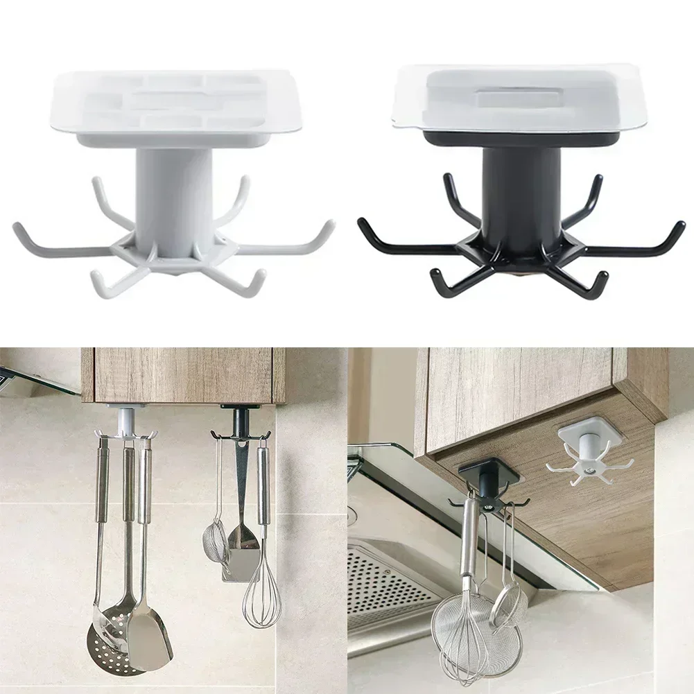 1pc 360 Degrees Rotated Kitchen Hooks Self Adhesive 6 Hooks Wall Door Hook Handbag Clothes Ties Bag Home Hanging Rack