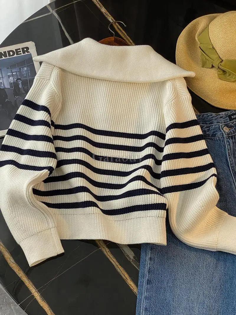 Garaouy 2023 New Women Vintage Striped Jumper Casual Sweater POLO Navy Neck Long Sleeve Female Autumn Winter Knit Pullover Tops