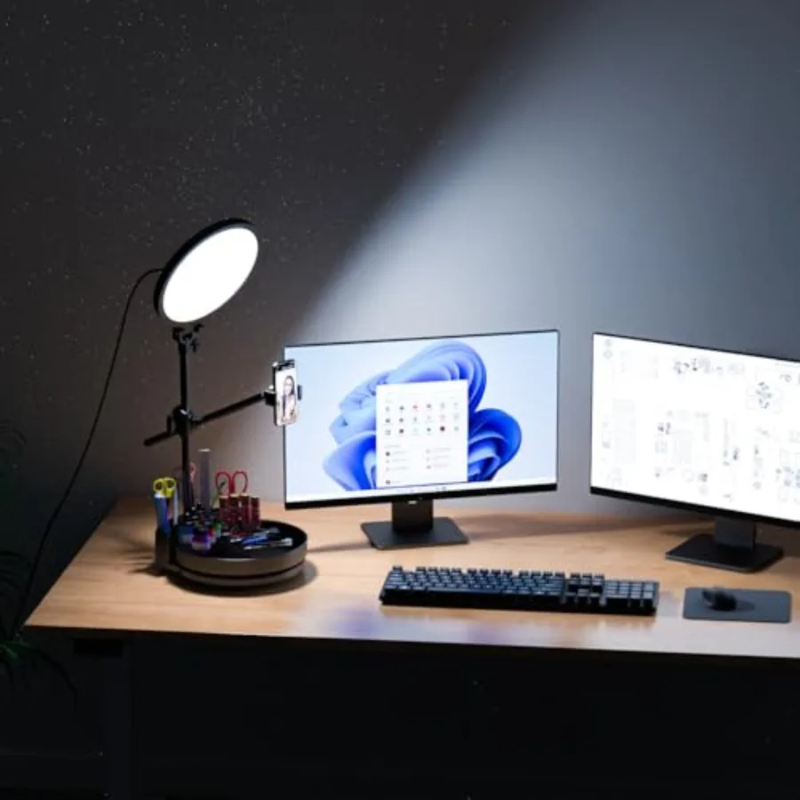 

Кольцевая лампа Zoom Lighting для компьютера с подставкой, 55 Вт, диммируемая, полноэкранная, черная, с вращающимся отсеком для хранения и держателем для ручек