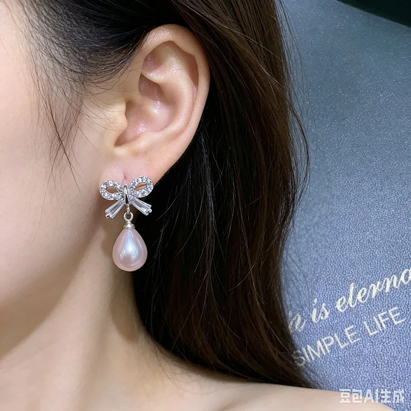 Korean Bow Pearl Drop Earrings Women Zircon 6 Korean Bow Pearl Drop Earrings Women Zircon