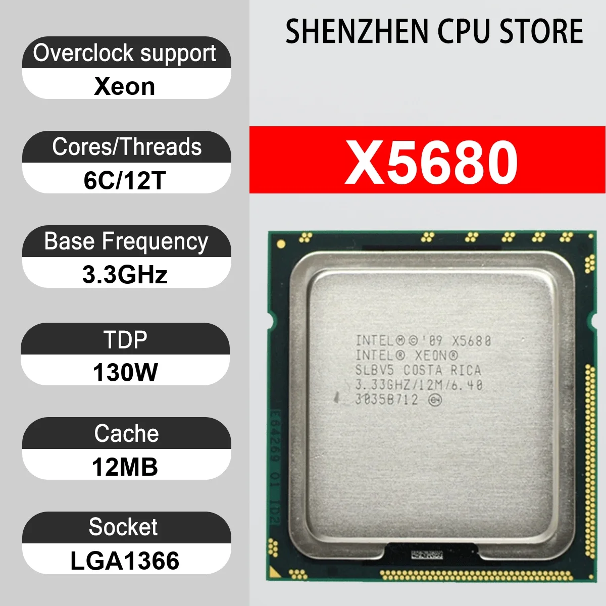 Intel Xeon X5680 6 Core 12 Thread 3.33GHz 130W 12MB Cache 32nm LGA1366 SR0K6 DDR3-1333 MHz Westmere-EP