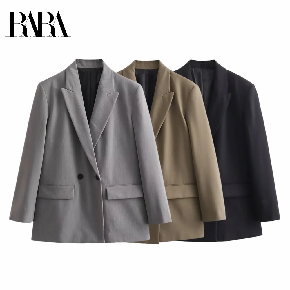 RARA 2024 ผู้หญิงคลาสสิก Double-Breasted ตรงหลวมเสื้อสูท Flap กระเป๋าสีทึบเดินทาง Outerwear