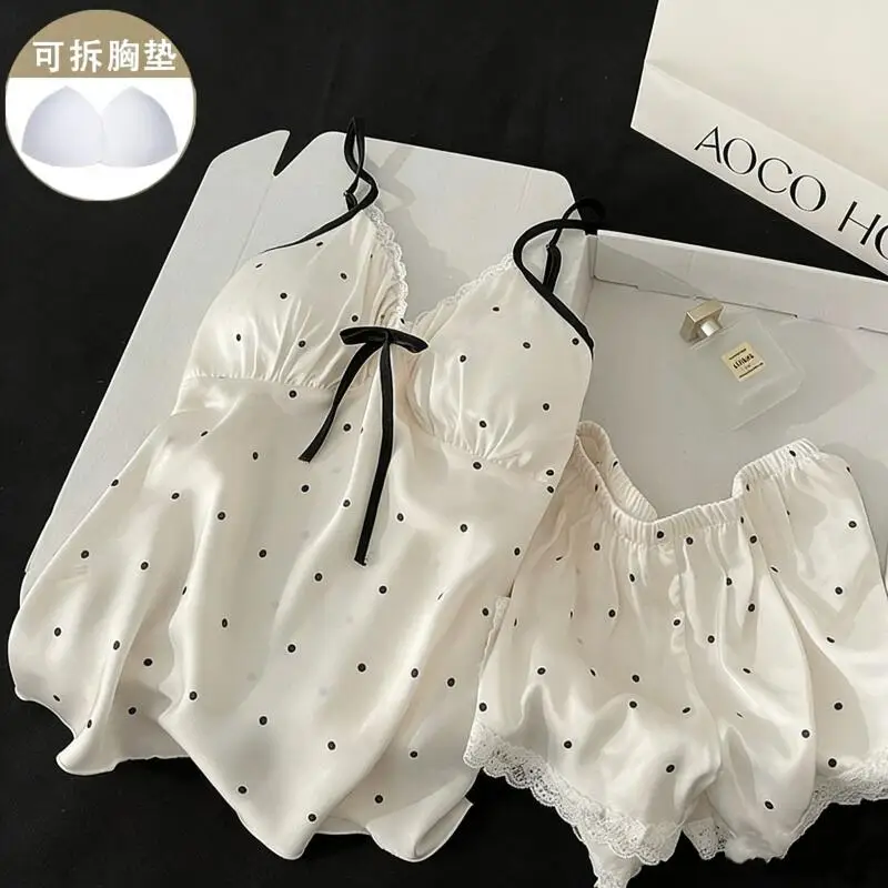 

Women's Pajamas New Summer Ice Silk Sleeveless Suit Short Sleeve Shorts with Breast Pad Lace Sexy Sweet Outerwear Home Clothes