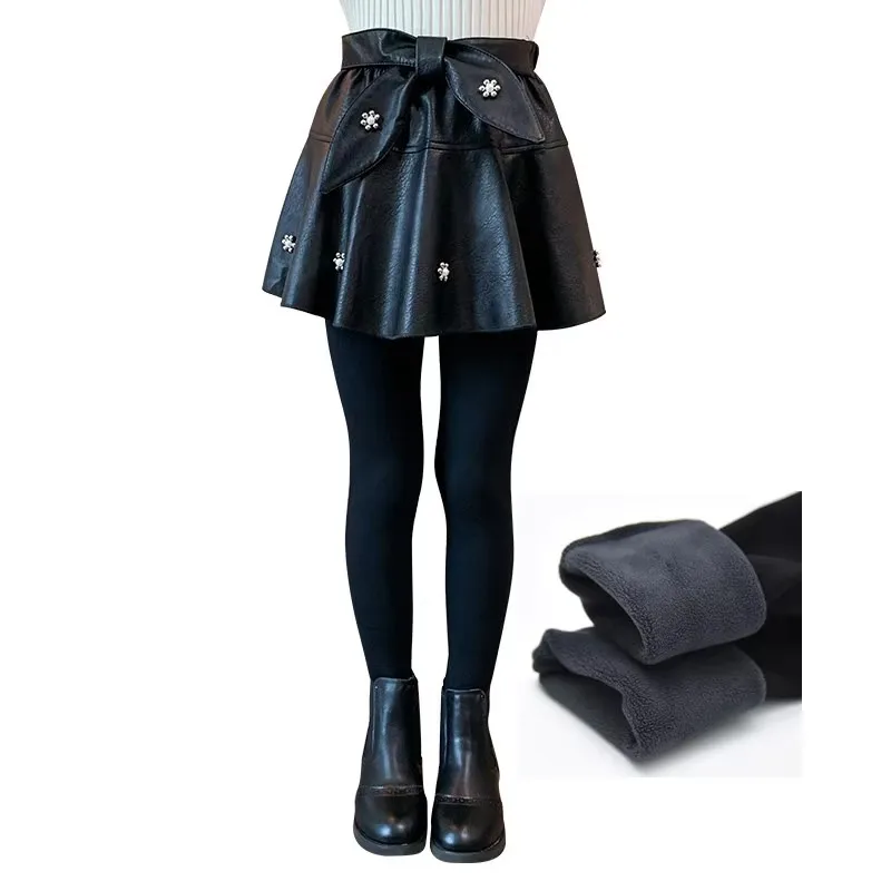 

Winter Child Girl Insulated Leather Leggings Pants with Skirt Black Long Skirt-Pants 2 in 1 Pants-skirt Kids Warm Skirt Pants