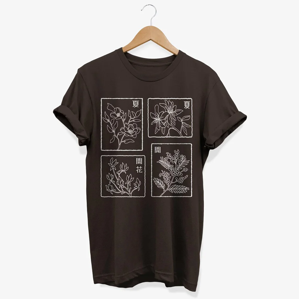 Japan Flower Printing Harajuku Style Female Cotton Short Sleeve T Shirts Summer Loose Cotton Crewneck Tops Tumblr Fashion Tees