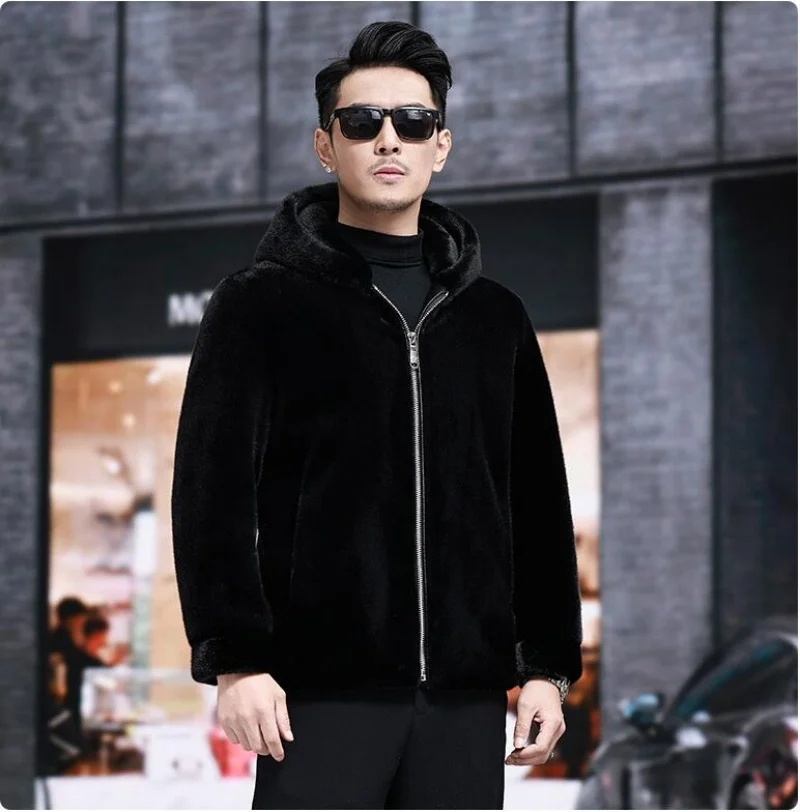 

New Arrival Top Fashion Winter Warm fur Mink Imitation Sheep Sheared Fur Zipper Men's Solid Hooded Jacket