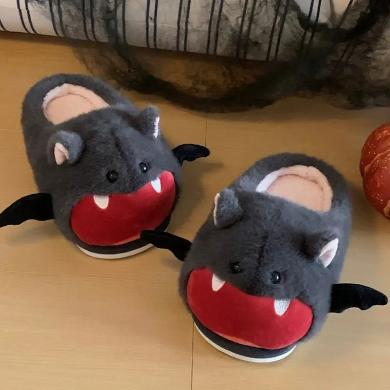 Black Winter Home Slippers For Womens Cute Cartoon Bat Women Furry Slippers Couples Warm Lightweight Soft Man Cotton Shoes view 2