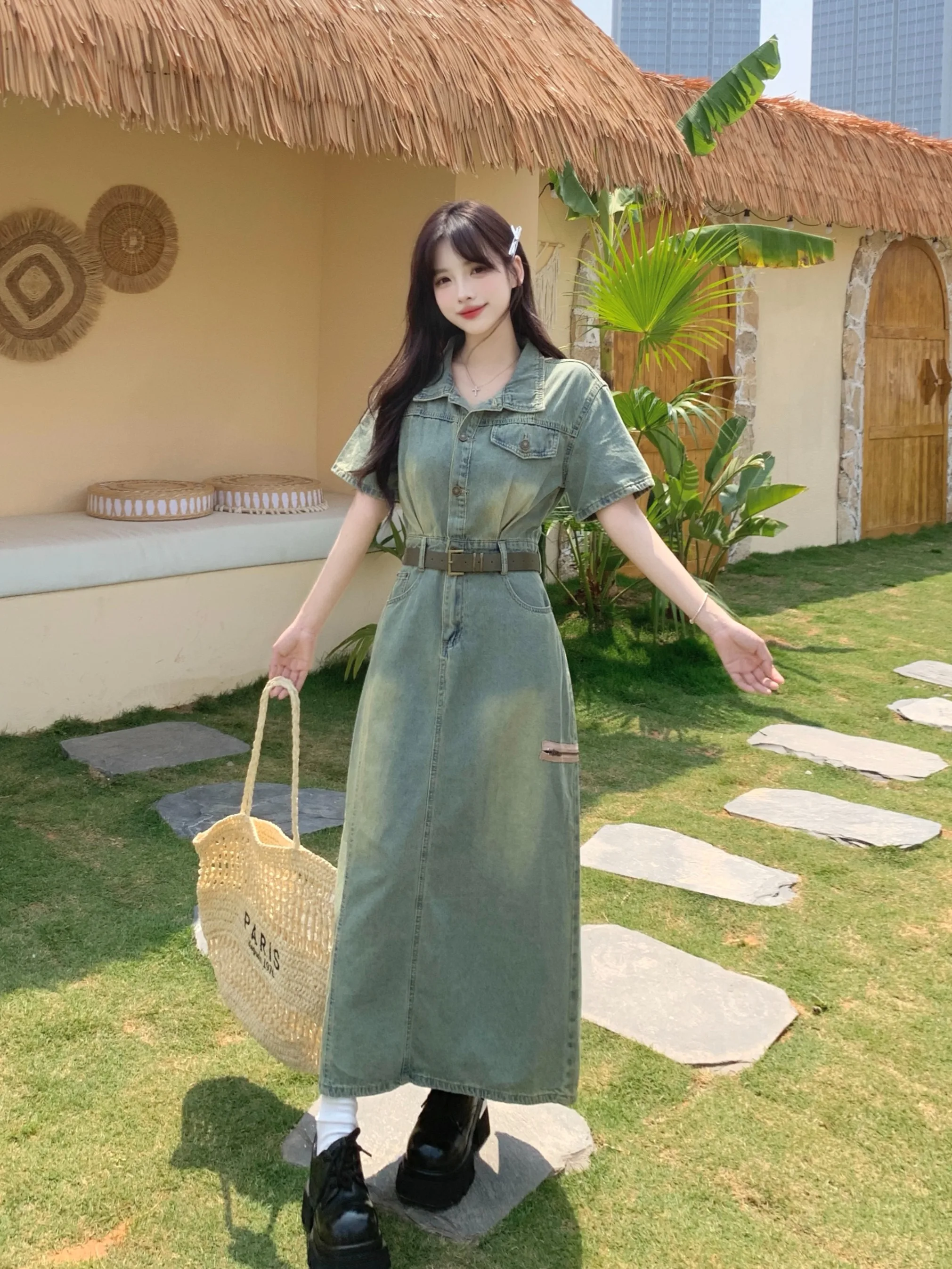 

plus Size Ne ort Sve Denim Dr Slimming Waistline Concealing Flattering Long Summer New Sle Retro Distred