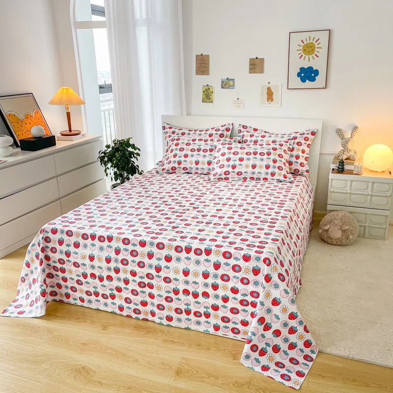 Red Strawberry Pattern Cotton Bed Sheet Set Queen Size Kawaii Fruit Flat Sheets with 2 Pillow Cases for Girls Women Home Decor