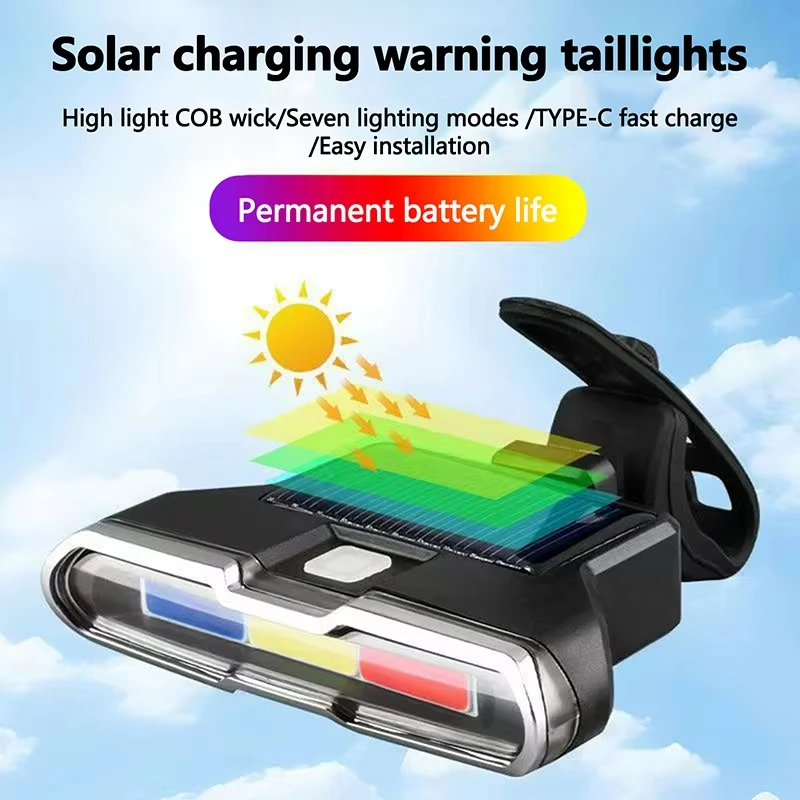 Bicycle Taillights Solar Charging Waterproof LED Mountain Bike Safety Taillights Waterproof Three Color Induction Warning Lights