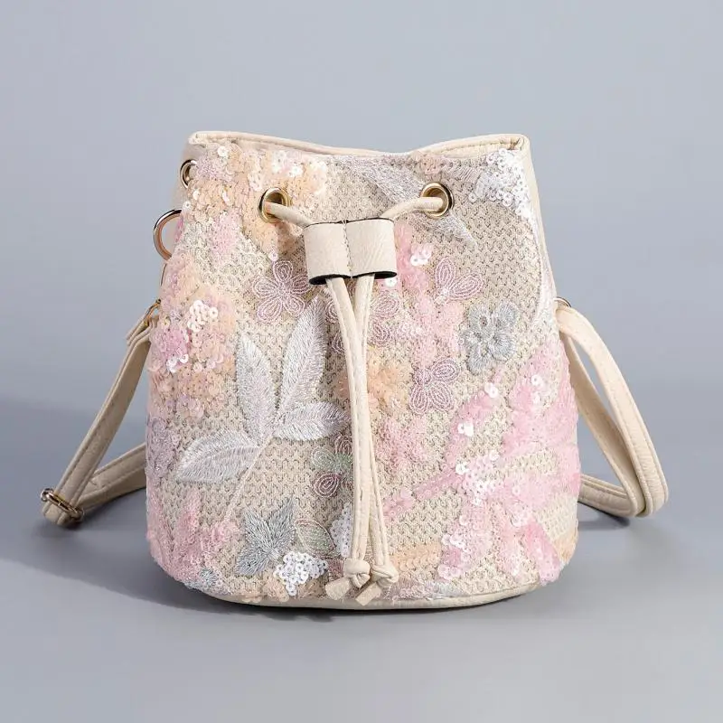 

Легкая роскошная модная сумка с растительной цветочной вышивкой и серебряными блестками в форме ведра, повседневная универсальная сумка через плечо на одно плечо