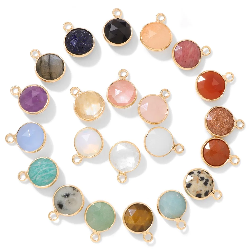 1PC Natural Faceted Stone Pendant 11mm Round Gems Pendant Charms Energy Healing Reiki Connector for Jewelry Making Handmade DIY