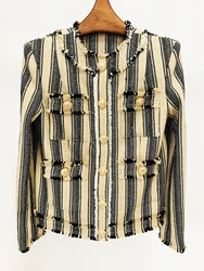 HIGH STREET Newest 2026 A/W Designer Outerwear Women's Elegant Yellow Black Striped Tassel Fringed Tweed Jacket