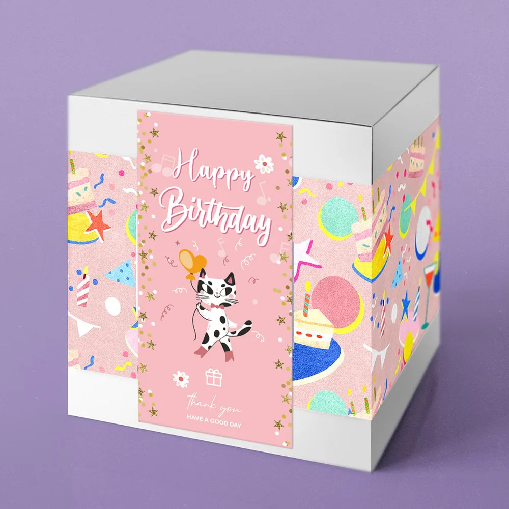 50PCS Pink Birthday Package Supplies Self-Adhesive Sealing Stickers For Gifts Box Bussiness Greeting Tags Label Happy Birthday