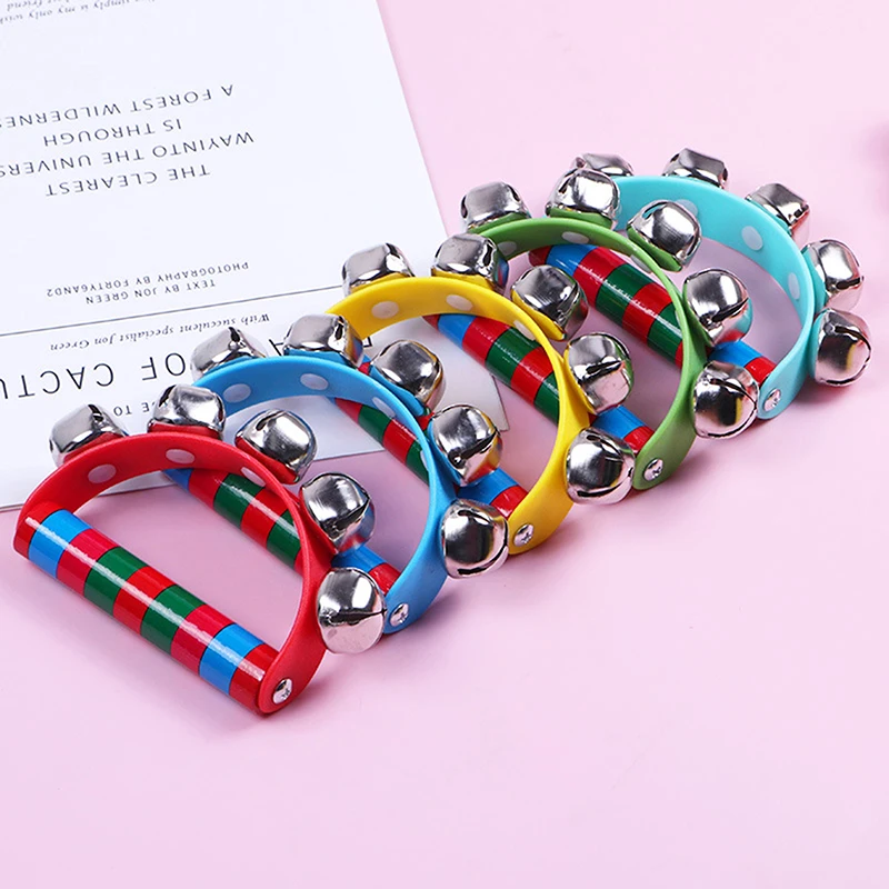 

New 1PC Children's Intellectual Props Handbell Hand Bells With 5 Jingle Bells Wood Handle Musical Instrument Toy For Music Class