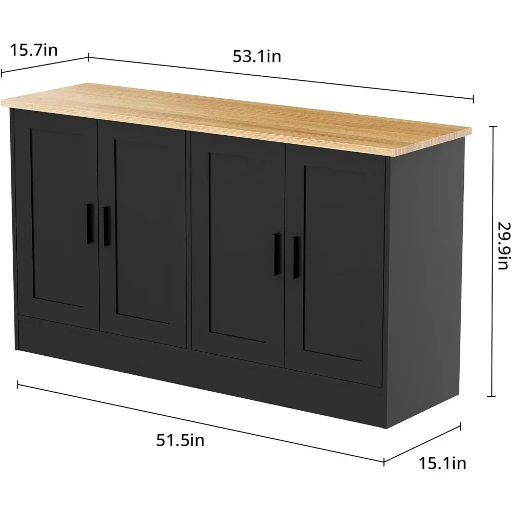 53.1W Black 4 Door Buffet Cabinet, Coffee Bar Cabinet with Adjustable Shelf, Kitchen Buffet Sideboard for Living Room, Kitchen