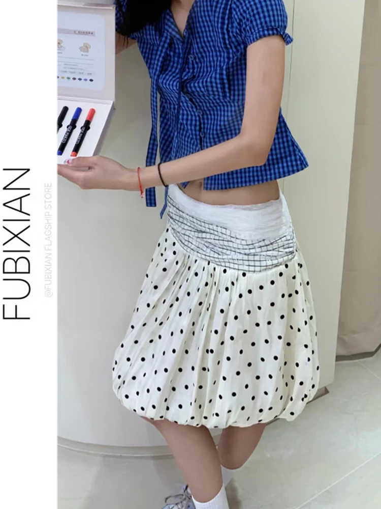 Polka Dot Pleated Half Skirt Women Summer Korean Style Girl Feel Lace Splicing Design Super Beautiful Puffy Flower Bud Midi S...
