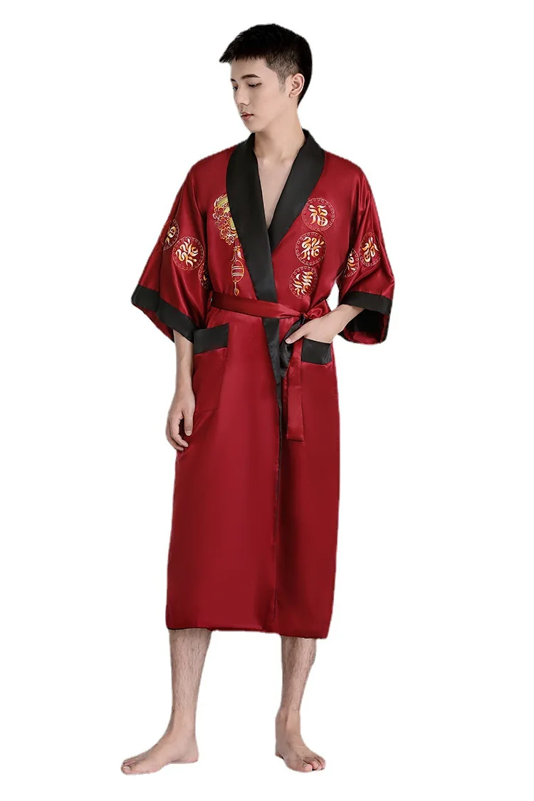 Chinese Style Embroidered Dragon Men Robe Kimono Bathrobe Gown Half Sleeve Satin Sleepwear Nightwear Loose Home Wear with Pocket