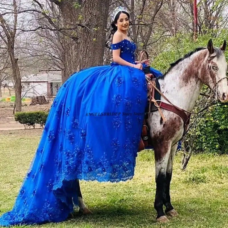 ANGELSBRIDEP-Vestidos de princesa azul real para quinceañera, apliques de flores 3D de cristal con cuentas, fiesta de cumpleaños, 15 años, nuevo