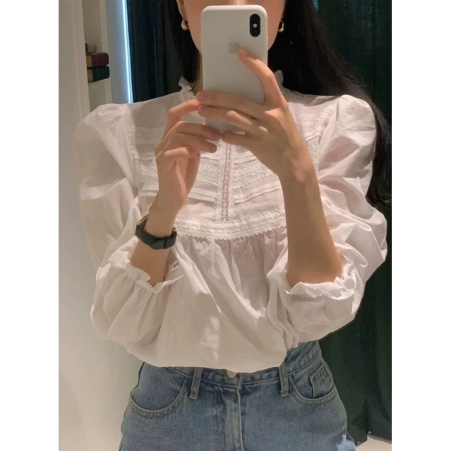 

Ele Lace Trim Splice Stand Collar Long Sve Women's irt Spring 2025 Selfwill Sweet Sle Bubble Sve