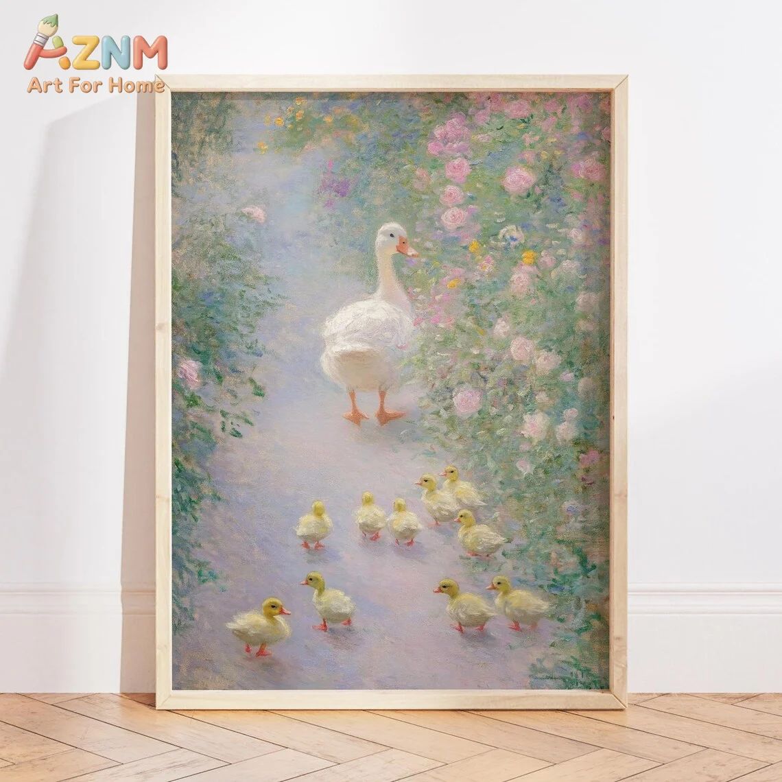 AZNM Unframed Canvas Print Impressionist Duck Family Wall Art Pastel Floral Garden Home Decor Poster