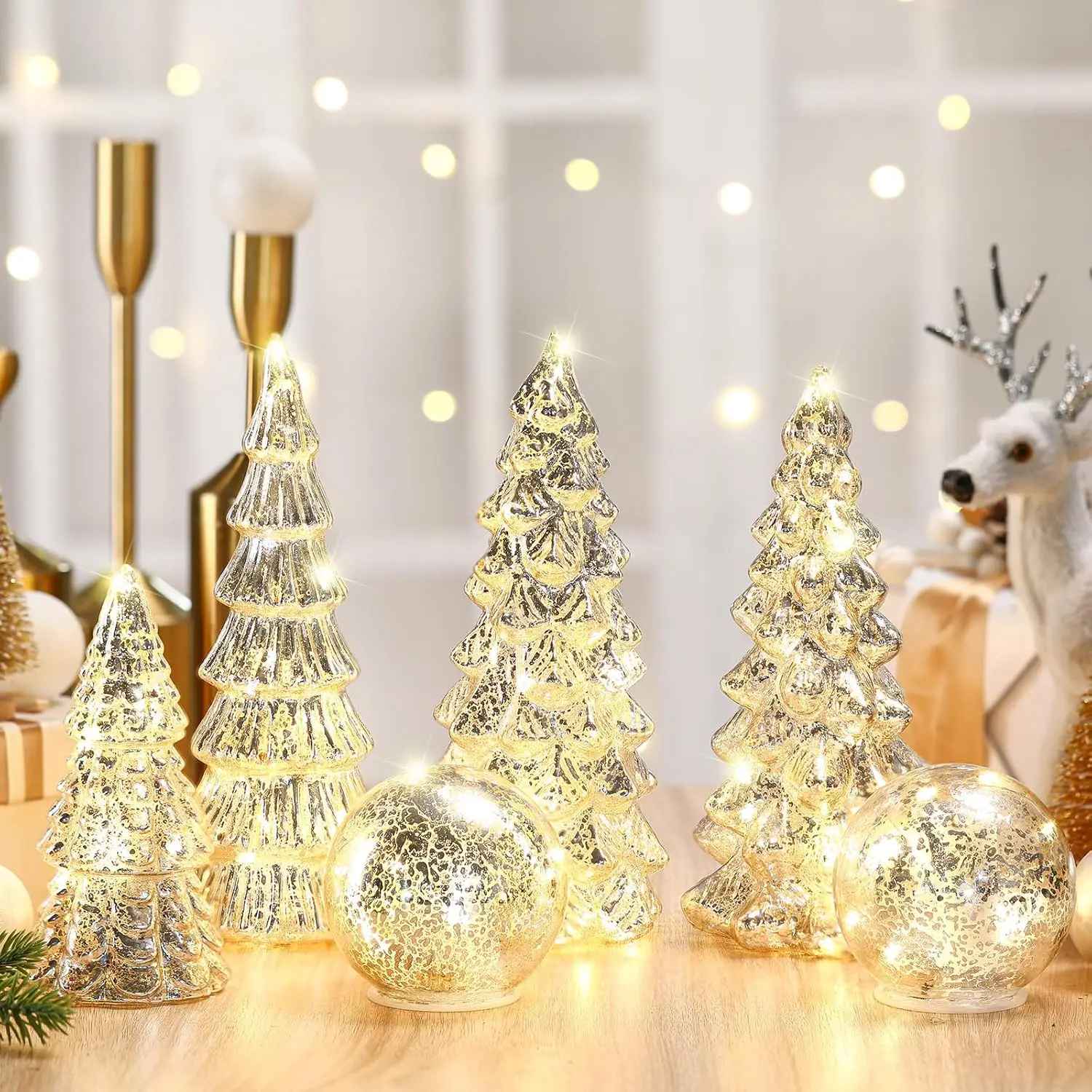 

6 Pcs Silver Mercury Glass Christmas Trees with Lights for Tabletop Decor, Home Party Centerpiece Gift