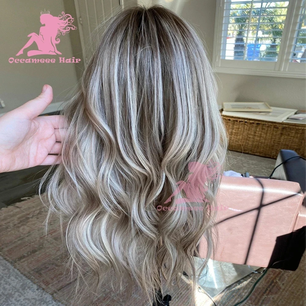 

100% Human Hair Lace Front Wig Highlights Natural Wave Dark Brown Roots Mix Blonde Transparent Full Lace woman Wig Brazilian Hai