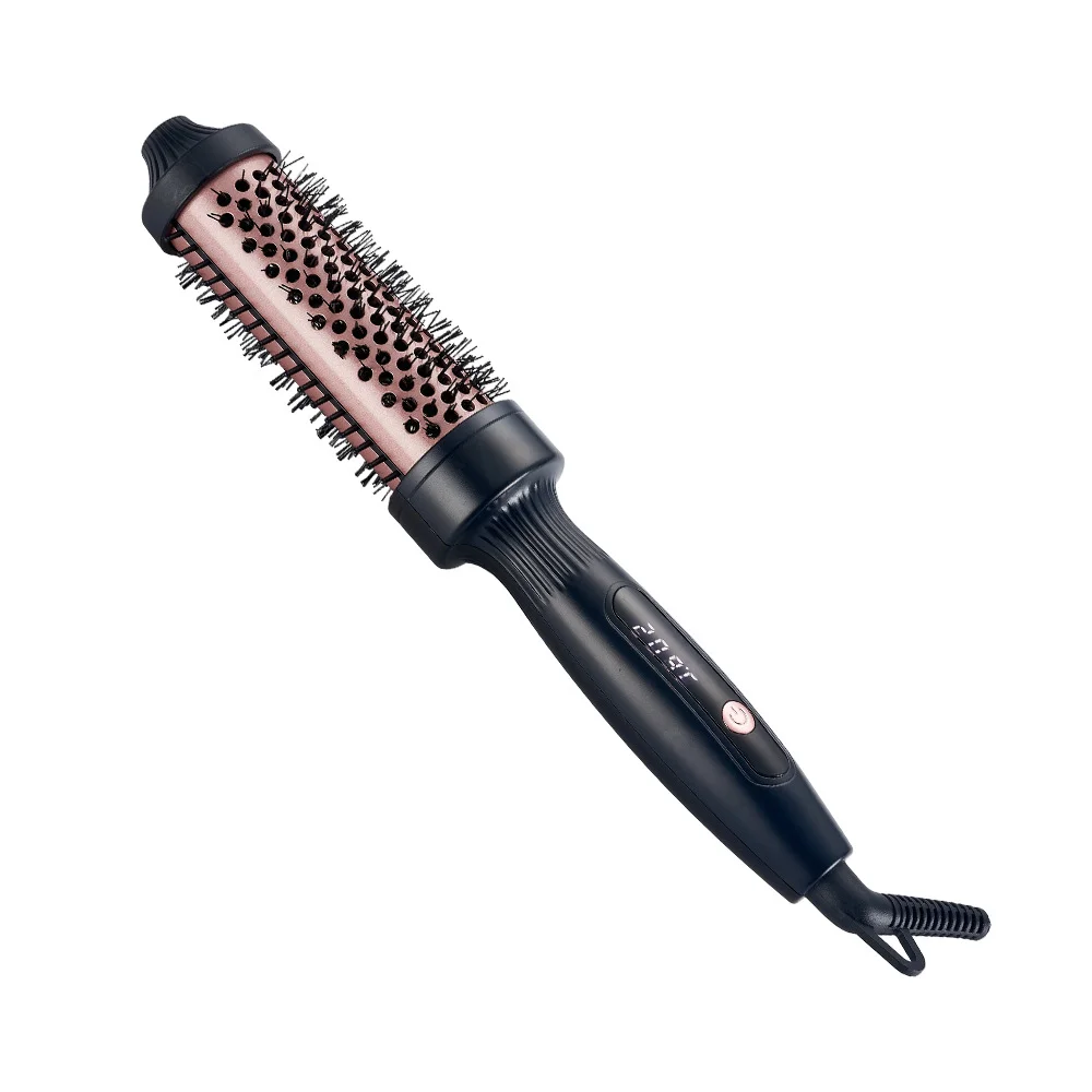 Hot-selling 38mm Ceramic Thermal Brush with LCD Display Fast heating Pink&Black Round heated brush for home party travel use
