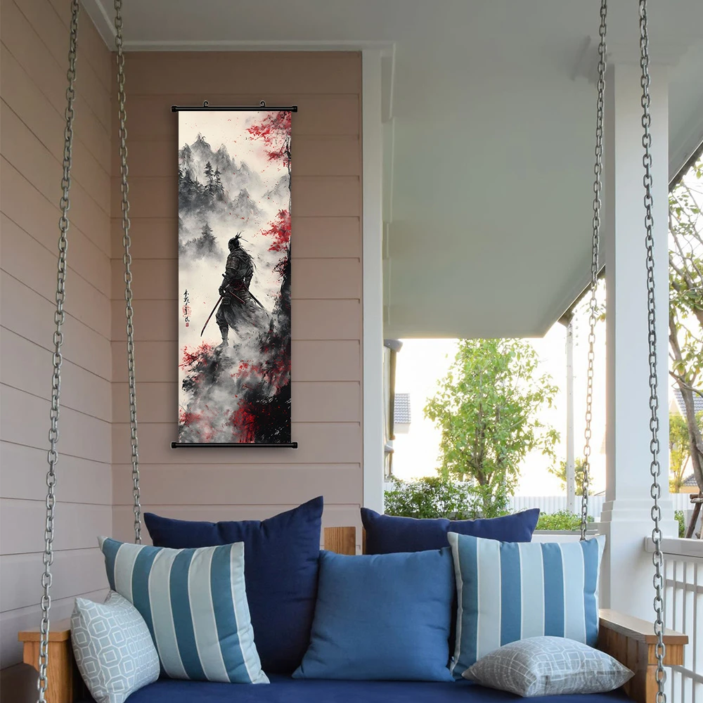 Vertical Ink-Washed Samurai Scroll Tapestry, Narrow Scroll Wall Hanging for Bedrooms and Hallways, Home Decor
