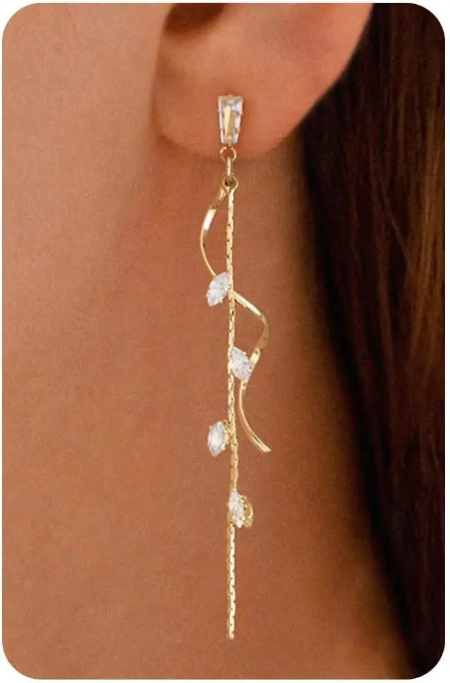 14K Gold Plated Chain Earrings Dangle Earrings for Women - Formal Long Tassel Cubic Zirconia CZ Dangle Earrings Wedding Jewelry