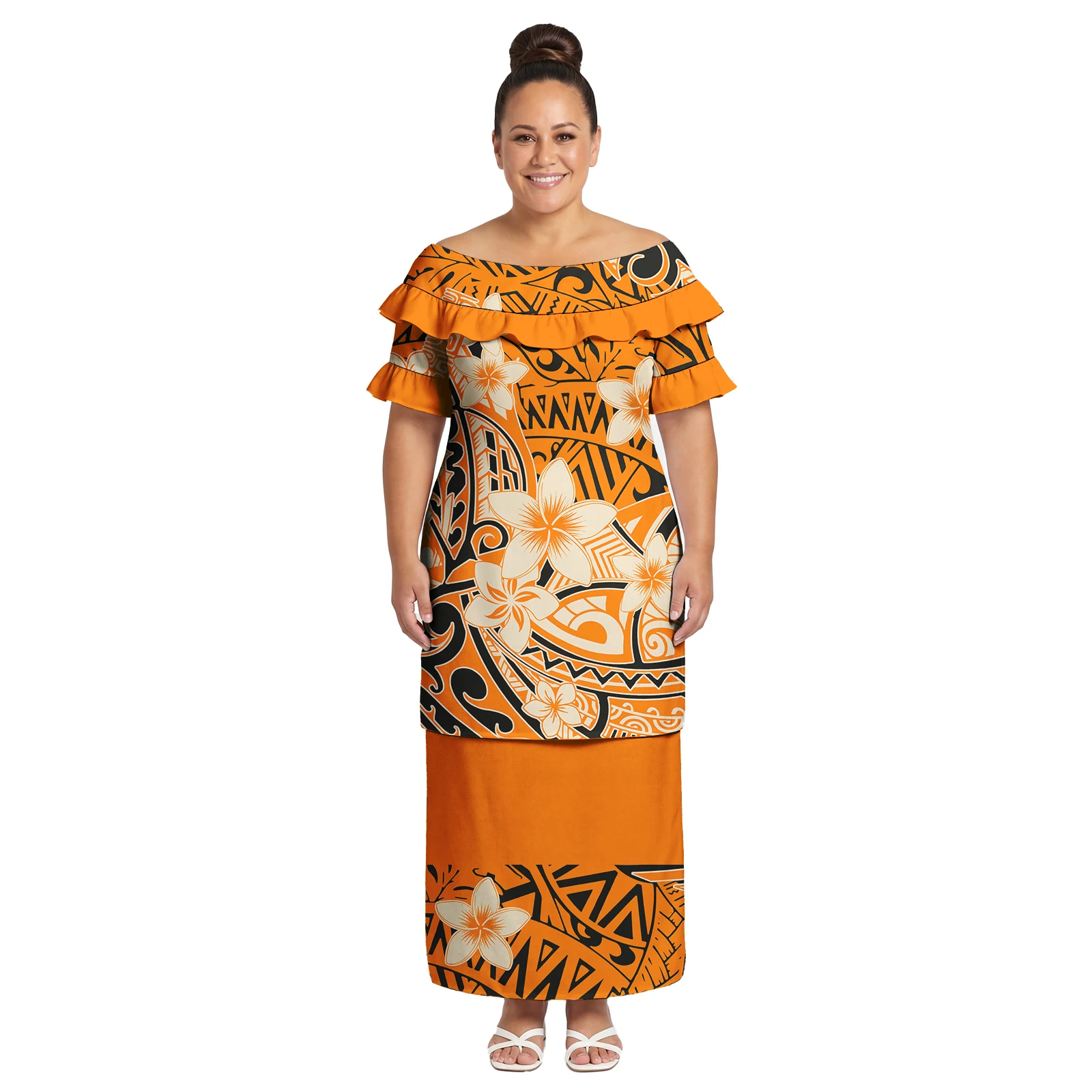 

Hawaiian Custom Spring Summer New Fashion Party Prom Ladies Clothes Samoan Polynesian Ruffle Neck Tribal Puletasi Women Dresses