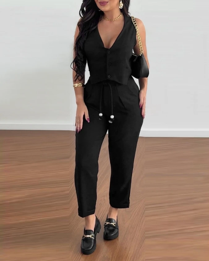 Casual Women's Two-Piece 2024 Fashion Solid Color Sleeveless V-Neck Vest and High Waist Pocket Design with Lace Up Pants Set