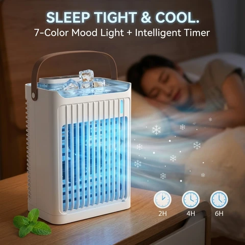 Portable Air Conditioner, 3-in-1 Personal Evaporative Air Cooler & Humidifier with 5-Speed Fan, 2/4/6H Timer, 7-Color LED Light, USB-C Desktop Cooling Fan with Leather Handle for Home Office, Top-Fill Water Tank, 25.6cm X 21cm