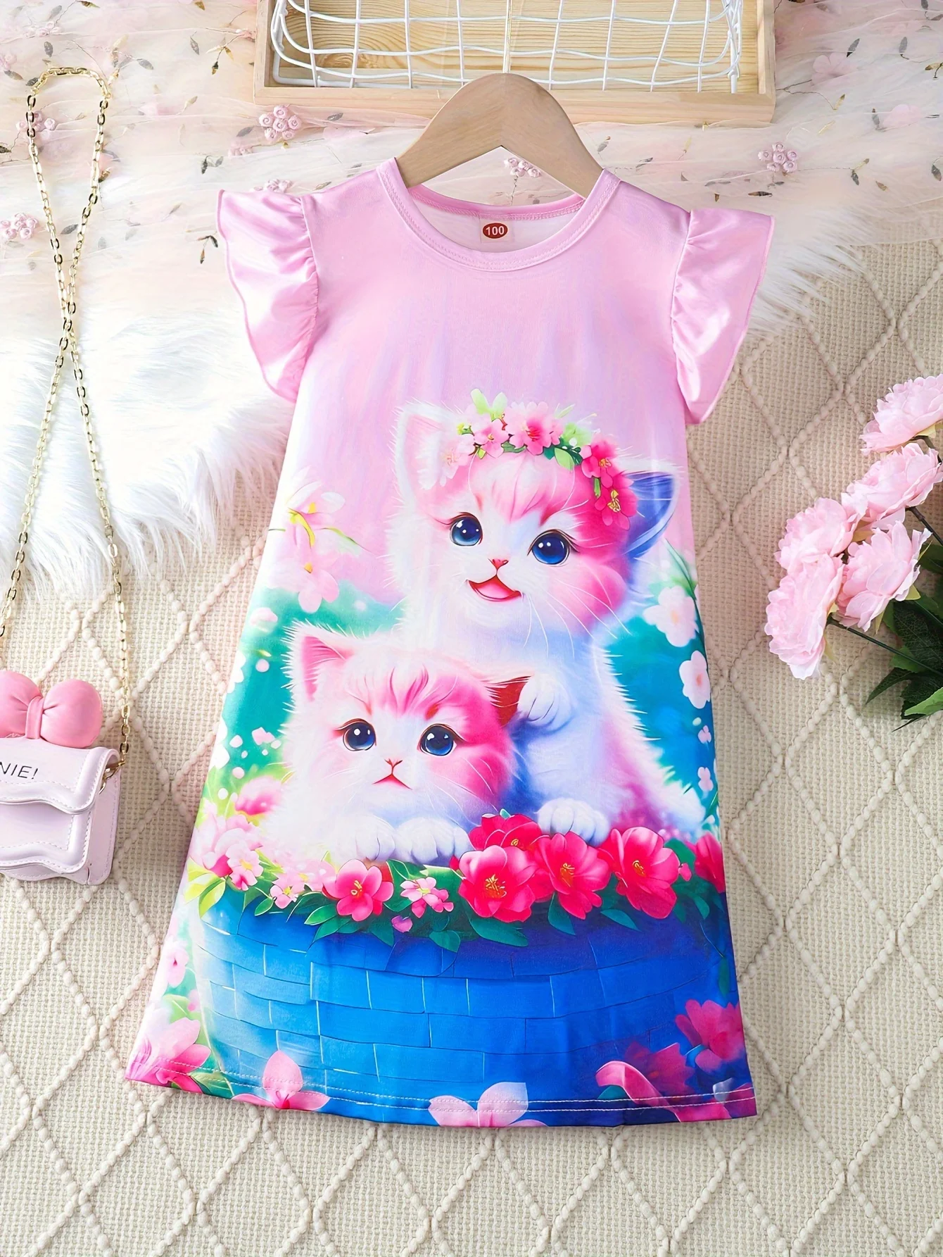 Cartoon Colorful 3D Kitten Print Girls Nightdress Comfortable & Cute Style Breathable Ruffled Sleeve Princess Pajamas For Girls