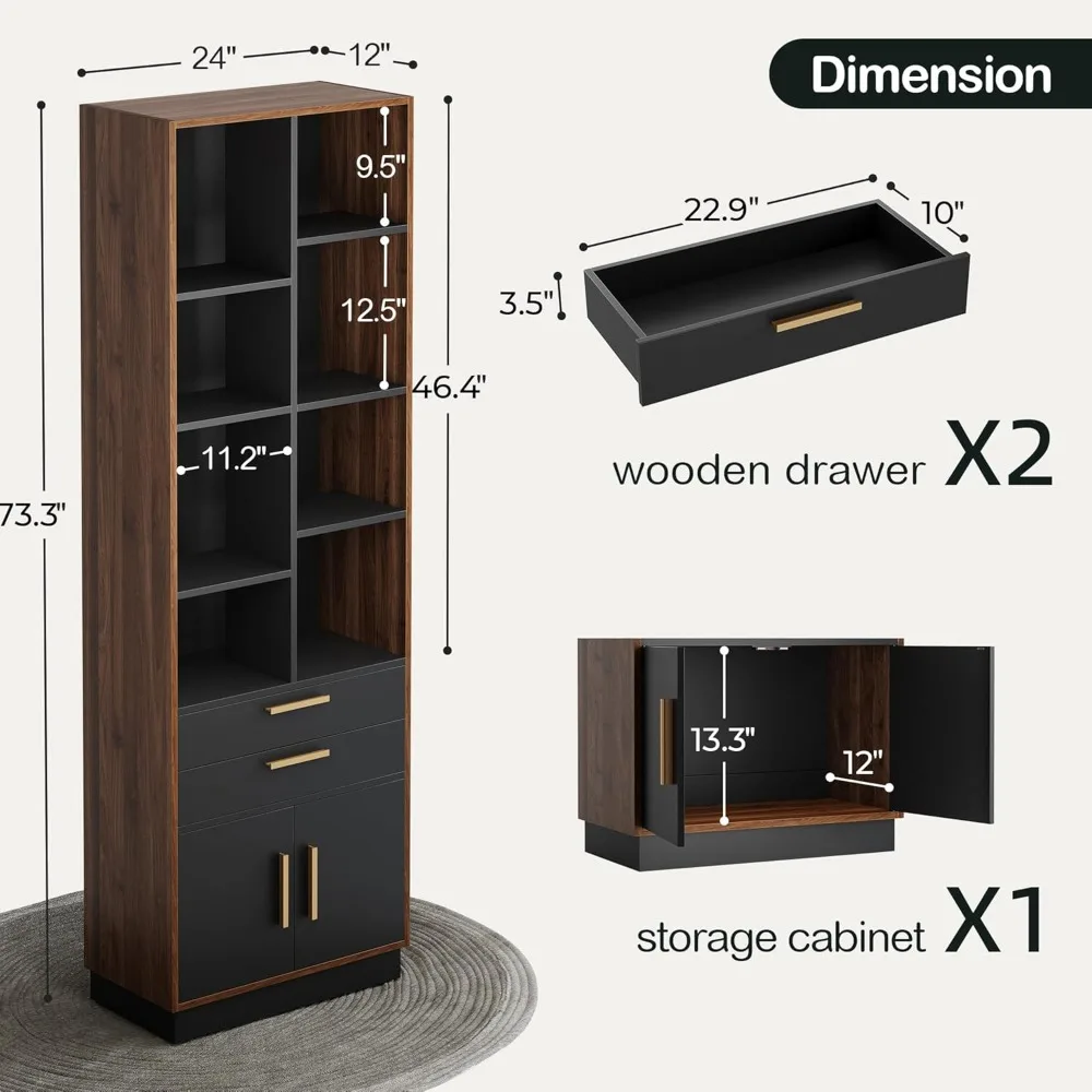 خزائن كتب خشبية حديثة بأدراج وأبواب، طويلة 73.3، 8 تخزين مكعبات، رف كتب منزلي للتنظيم #2