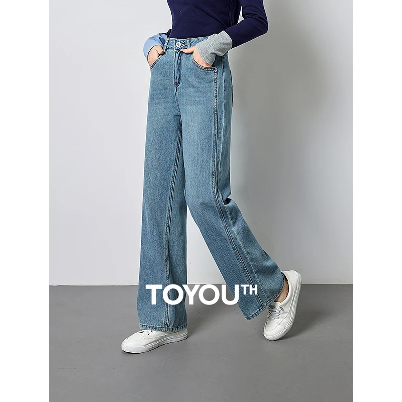 

TOYOUTH Women Straight Denim Trousers 2024 Spring New Stone-Washed Vintage Female High Waist Streetwear Long Pants