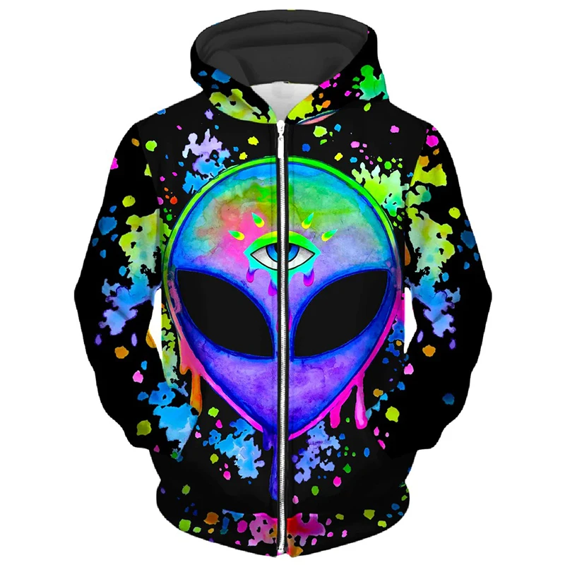Unique Alien Graffiti Printed Zip Up Hoodie Men Joker Vintage Street Fashion Hooded Coat 3D Pattern 2025 New Casual Hoodies
