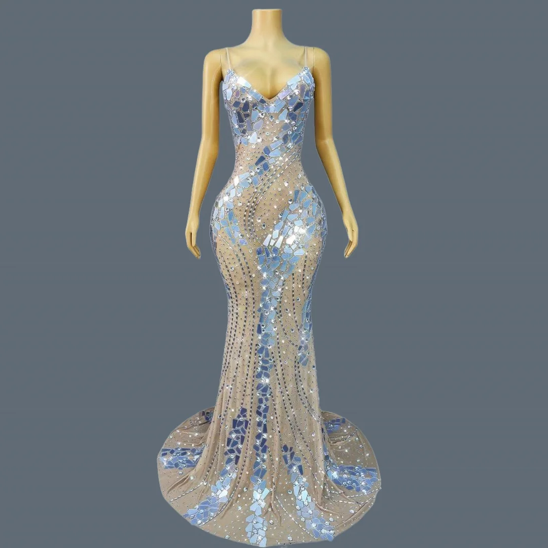 

Women Sparkly Rhinestone Crystals Floor-length Dress Luxury High-end Slip Dresses Gala Prom Red Carpet Evening Gown Jinyinpian