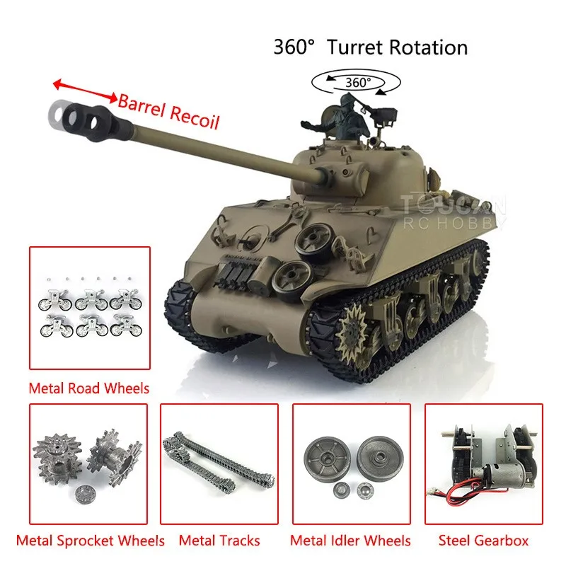 Juguetes HENG LONG 1/16 personalizado 7,0 M4A3 Sherman RC tanque Toucan 3898 barril retroceso 360 °   Metal Readt to Run Panzer Toys TH19791