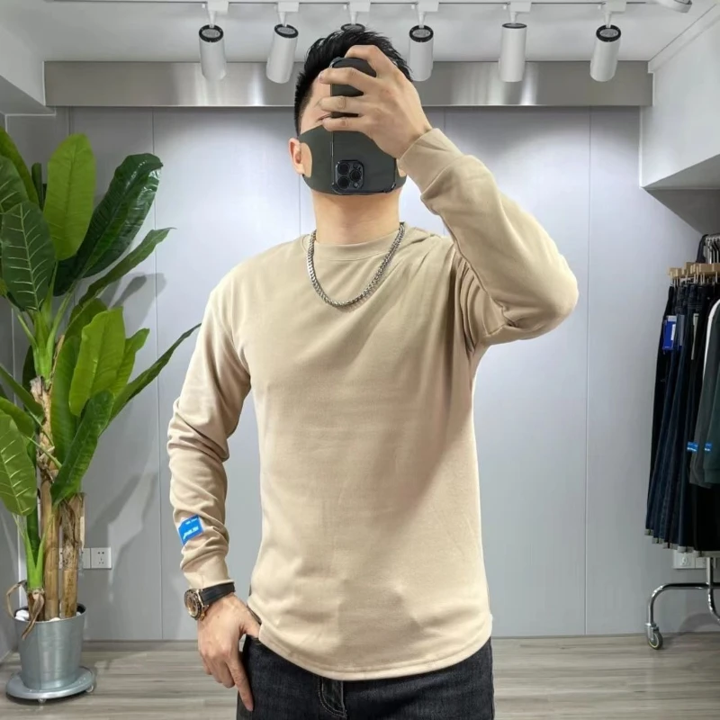 Men's Curved Hem Double-Sided De Rong Thermal Crewneck Sweatshirt Anti-Pilling Soft Base Layer