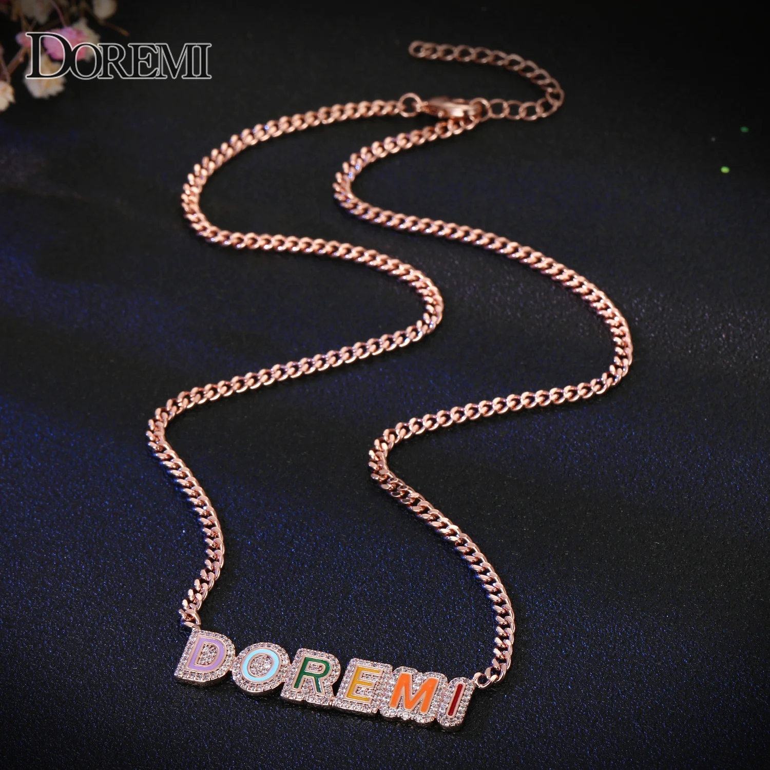 DOREMI Cuban Chain Enamel Name Necklace Iced Out Personalized Custom Letter Necklace Colorful Crystal Pendant Christmas Gift